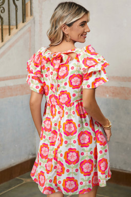 Rose Floral Print Layered Ruffle Sleeve Mini Dress