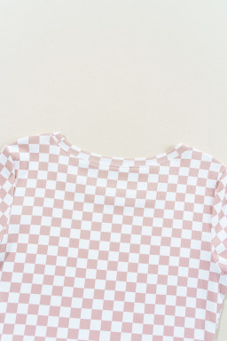 Pink Checkered Ribbed Slim Fit Crew Neck T-Shirt