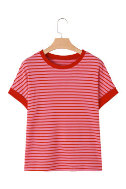 Pink Stripe Knitted Round Neck T Shirt