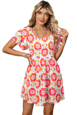 Rose Floral Print Layered Ruffle Sleeve Mini Dress