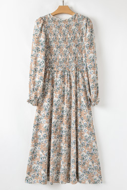 Khaki Floral Smocked Puff Sleeve Maxi Dress