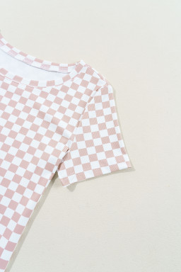 Pink Checkered Ribbed Slim Fit Crew Neck T-Shirt