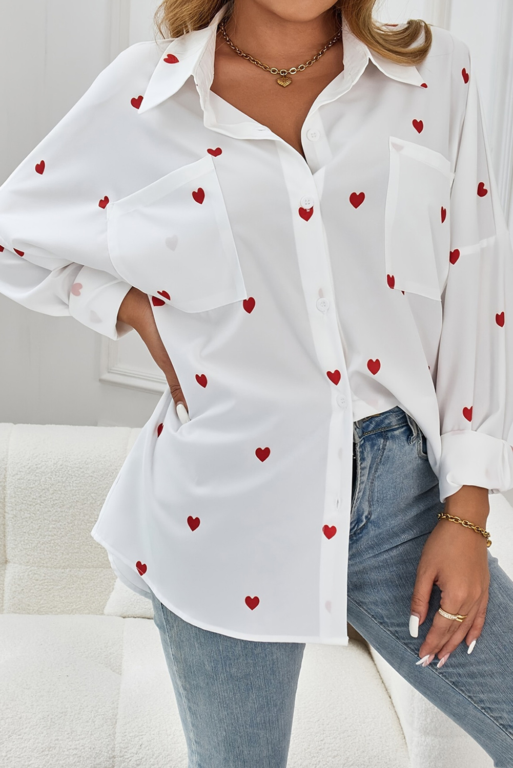 Women Heart Print Button Down Shirt