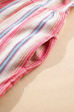 White Stripe Geometric Detail Flared 3/4 Sleeve V Neck Plus Dress