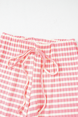 Pink Stripe Colorblock Print Cotton Drawstring Pants