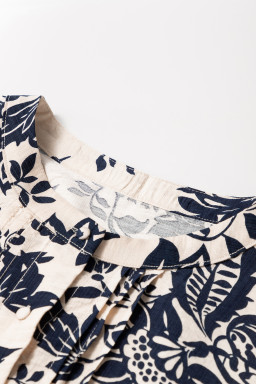 Black Boho Floral Pleated V Neck Lantern Sleeve Shirt