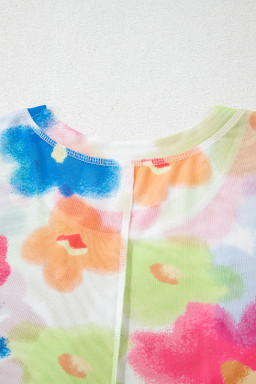 Multicolour Floral Lettuce Trim Cropped Mesh Top