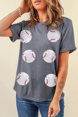 Gray Sequined Baseball Graphic T Shirt