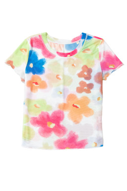 Multicolour Floral Lettuce Trim Cropped Mesh Top