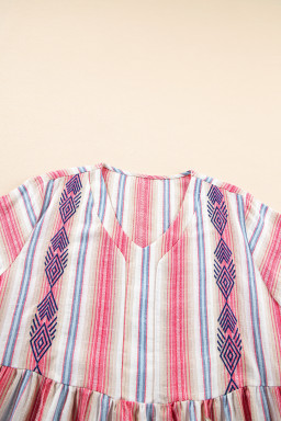 White Stripe Geometric Detail Flared 3/4 Sleeve V Neck Plus Dress