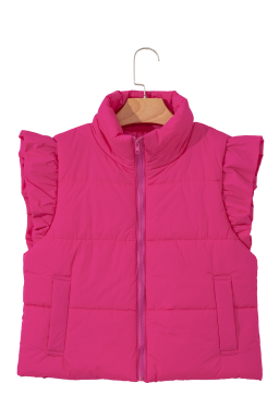 Rose Red Sleeveless Standing Collar Warm Vest Cotton Jacket