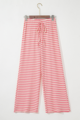 Pink Stripe Colorblock Print Cotton Drawstring Pants