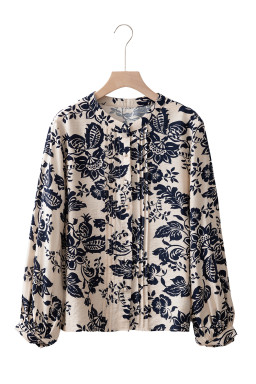 Black Boho Floral Pleated V Neck Lantern Sleeve Shirt