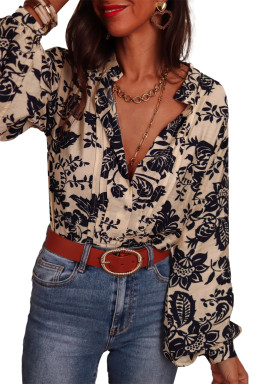 Black Boho Floral Pleated V Neck Lantern Sleeve Shirt