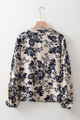 Black Boho Floral Pleated V Neck Lantern Sleeve Shirt