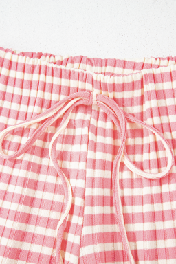 Pink Stripe Colorblock Print Cotton Drawstring Pants
