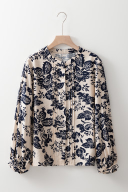 Black Boho Floral Pleated V Neck Lantern Sleeve Shirt