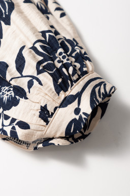 Black Boho Floral Pleated V Neck Lantern Sleeve Shirt