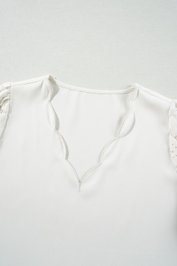 White Scalloped V Neckline Lace Hollowed Lantern Sleeve Blouse