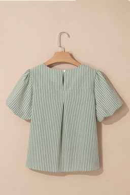 Green Striped Center Seamed Puff Sleeve Top