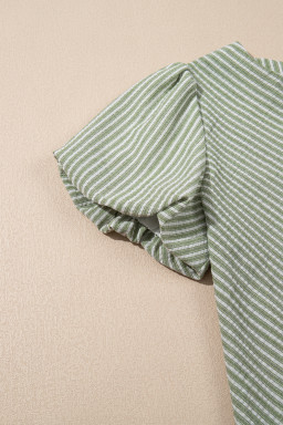 Green Striped Center Seamed Puff Sleeve Top