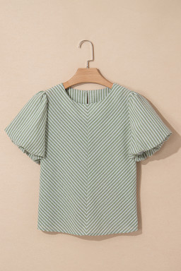 Green Striped Center Seamed Puff Sleeve Top