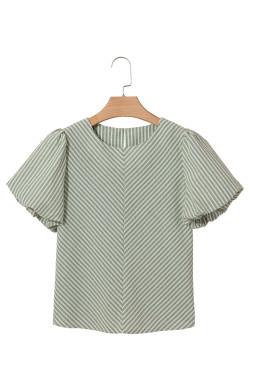 Green Striped Center Seamed Puff Sleeve Top