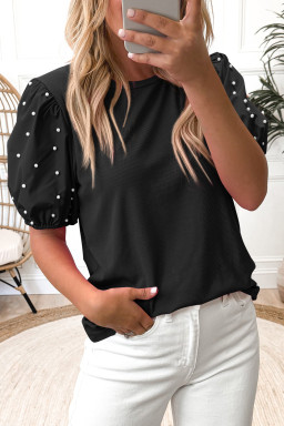Black Pearl Beaded Puff Sleeve Ribbed Top