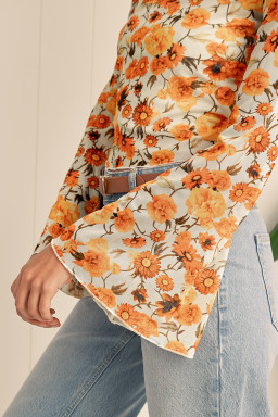 Orange Floral Print Bell Sleeve Mock Neck Scallop Trim Blouse