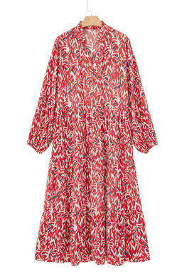 Red Plus Size Abstract Print Notch V Neck High Waist Maxi Dress