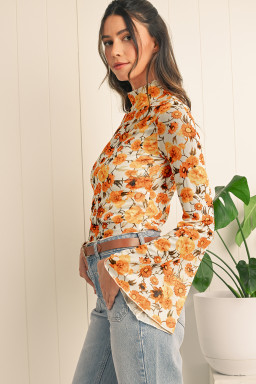 Orange Floral Print Bell Sleeve Mock Neck Scallop Trim Blouse