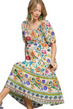 Multicolour Floral Print Smocked Boho Maxi Dress
