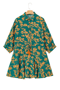 Green Floral Print Drawstring Flowy Short Dress