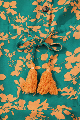 Green Floral Print Drawstring Flowy Short Dress