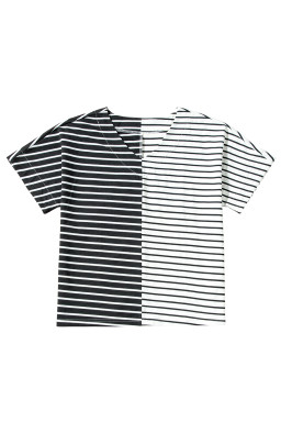 Black Stripe Two Tone Colorblock V Neck T Shirt