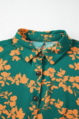 Green Floral Print Drawstring Flowy Short Dress