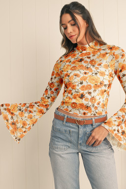 Orange Floral Print Bell Sleeve Mock Neck Scallop Trim Blouse