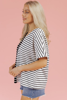 Black Stripe Two Tone Colorblock V Neck T Shirt