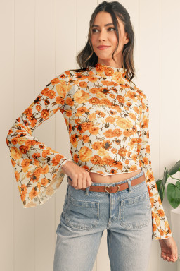 Orange Floral Print Bell Sleeve Mock Neck Scallop Trim Blouse