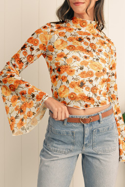 Orange Floral Print Bell Sleeve Mock Neck Scallop Trim Blouse