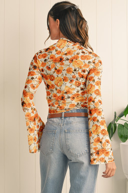 Orange Floral Print Bell Sleeve Mock Neck Scallop Trim Blouse