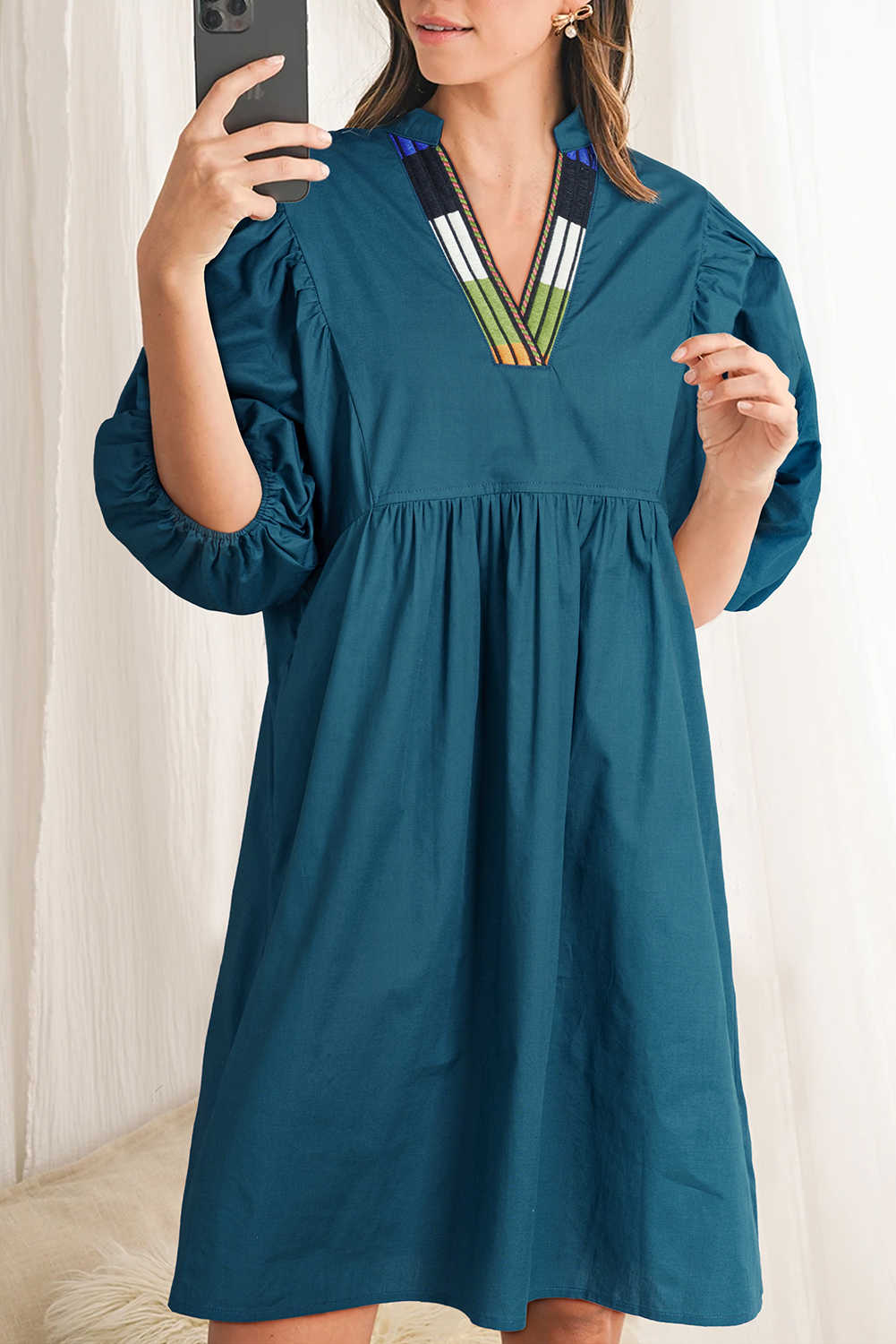 Blue Sapphire Puff Sleeve Pleated Pop of Color Neckline Dress