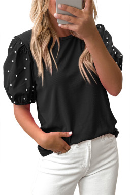 Black Pearl Beaded Puff Sleeve Ribbed Top