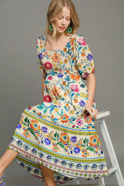 Multicolour Floral Print Smocked Boho Maxi Dress