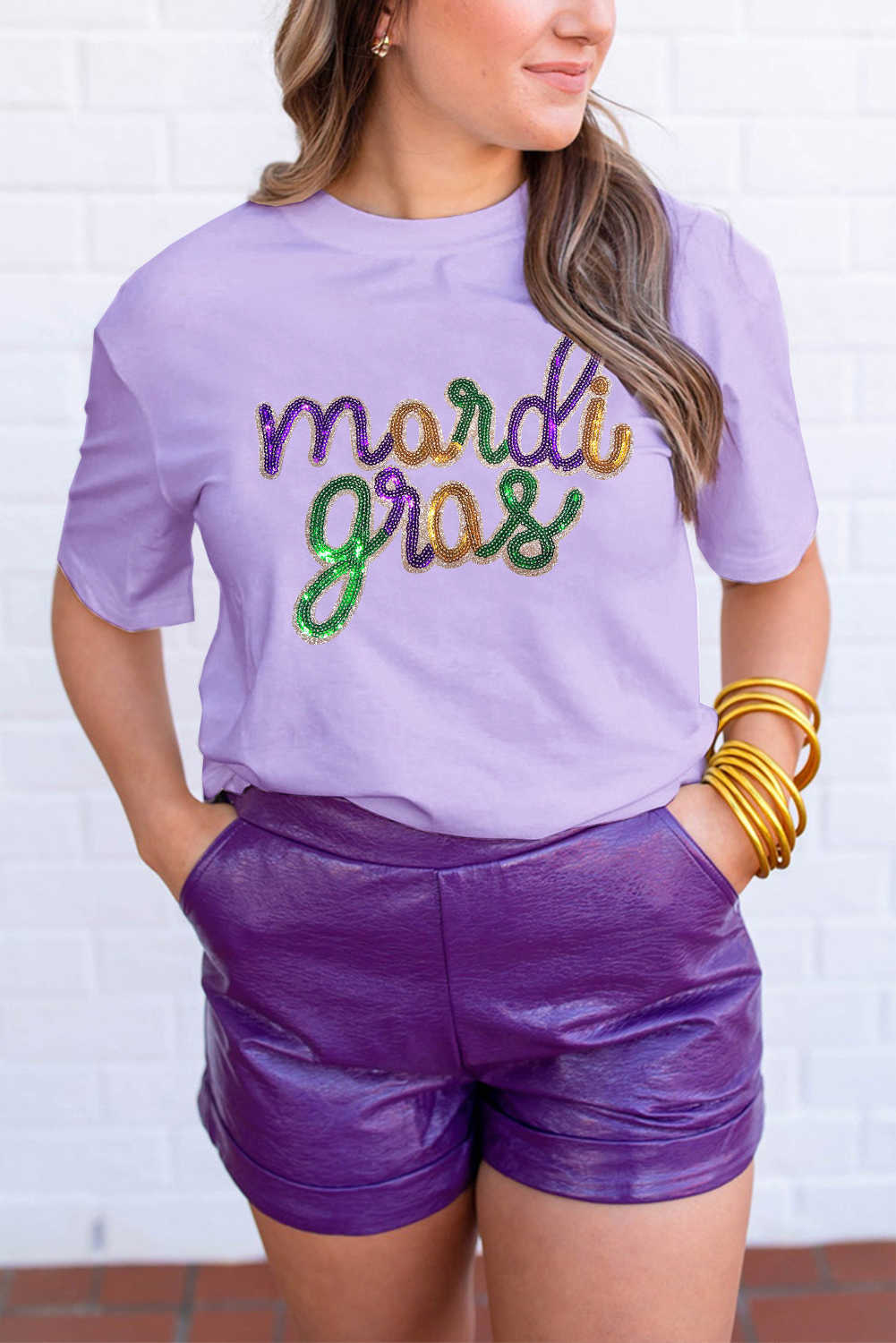 Wisteria Sequin mardi gras Letter Print Crewneck Tee
