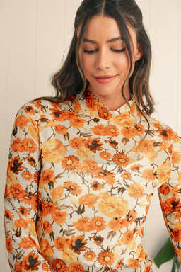 Orange Floral Print Bell Sleeve Mock Neck Scallop Trim Blouse