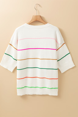 White Striped Half Sleeve Drop Shoulder Sweater