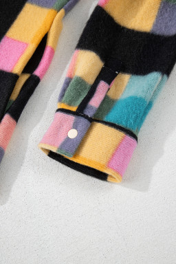 Black Checkered Pocketed Half Button Collared Sweatshirt