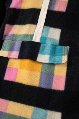 Black Checkered Pocketed Half Button Collared Sweatshirt