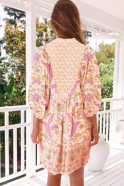 Pink Floral Print Pleated Mini Dress